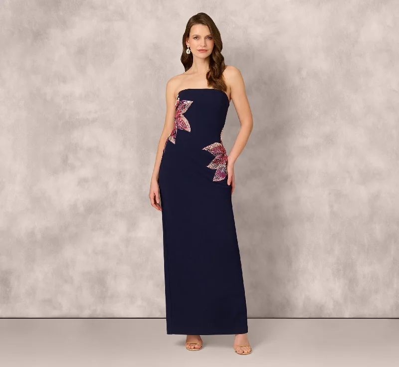 Simple wedding guest dresses that are comfortable all day -Strapless Beaded Flower Gown In Navy Simple wedding guest dresses that are comfortable all day -Strapless Beaded Flower Gown In Navy