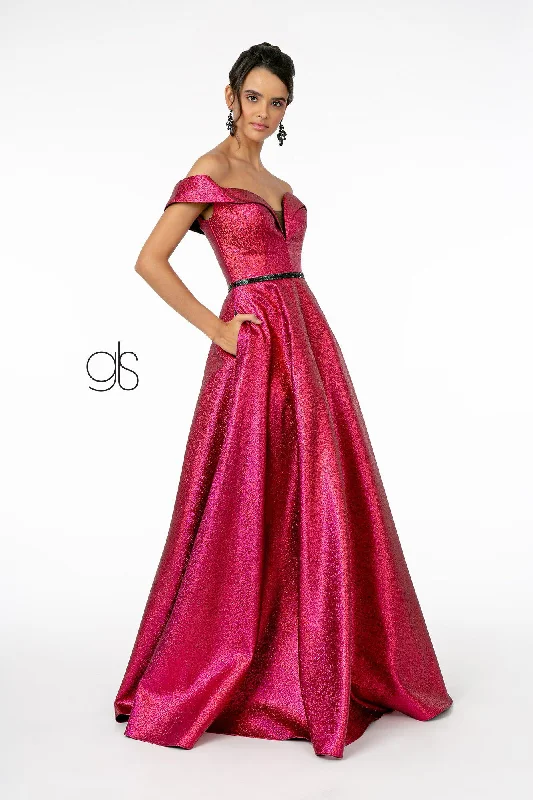 cocktail dresses with open backs for summer parties --Long Off Shoulder Metallic Glitter Dress by Elizabeth K GL2982 cocktail dresses with open backs for summer parties --Long Off Shoulder Metallic Glitter Dress by Elizabeth K GL2982