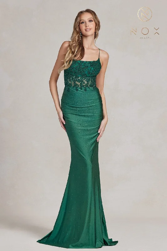 cocktail dresses with sequined accents for festive look --Embroidered Corset Mermaid Gown by Nox Anabel E1186