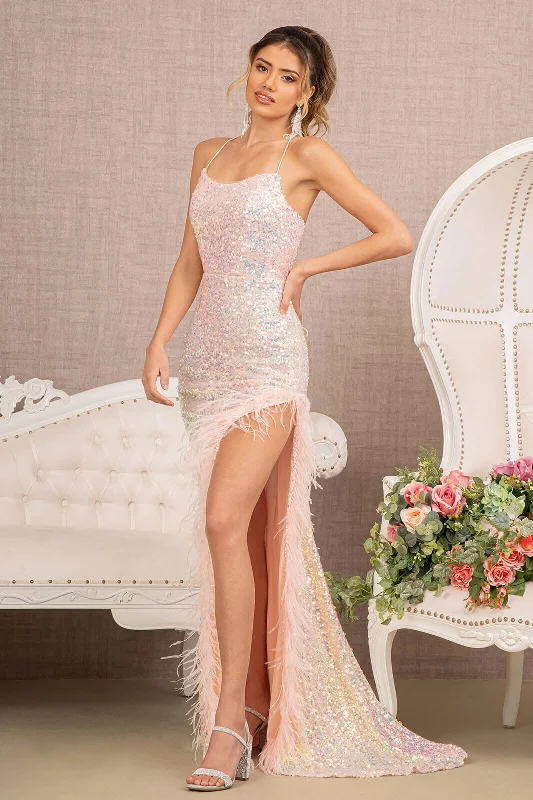 cocktail dresses with long sleeves for cooler weather --Fitted Sequin Feather Slit Gown by GLS Gloria GL3131 cocktail dresses with long sleeves for cooler weather --Fitted Sequin Feather Slit Gown by GLS Gloria GL3131