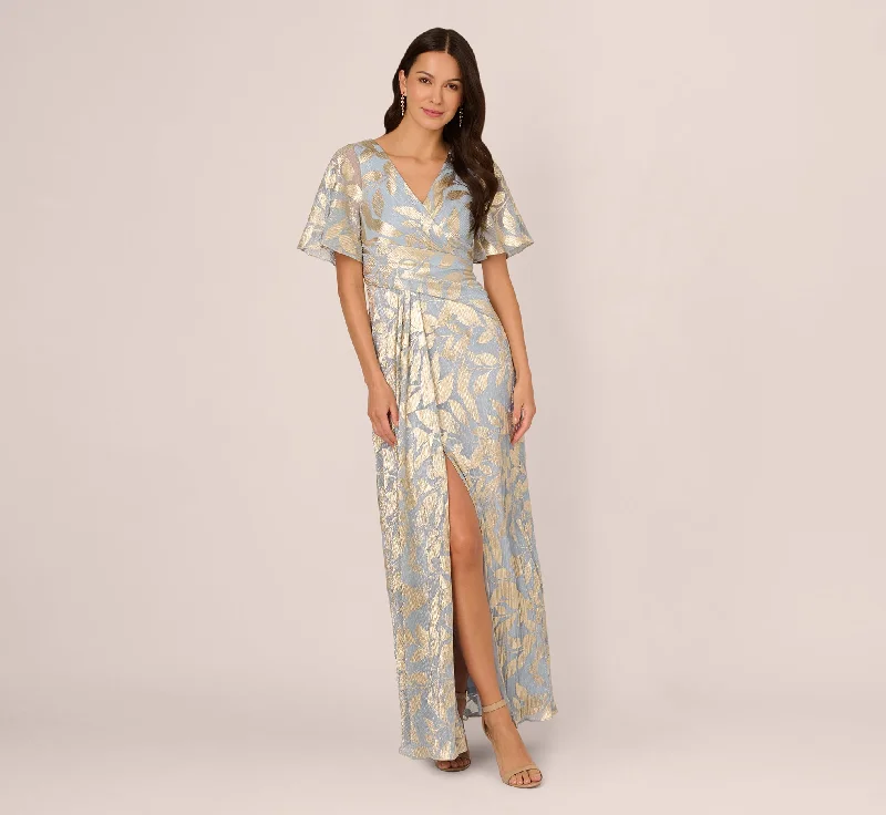 formal dresses for evening galas with sequin embellishments --Foil Leaf Short Sleeve Gown With Draped Details In Light Blue Gold formal dresses for evening galas with sequin embellishments --Foil Leaf Short Sleeve Gown With Draped Details In Light Blue Gold