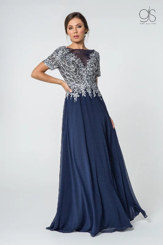 Wedding guest dresses with off-shoulder necklines for a graceful touch -Short-Sleeve Gown with Glitter Lace Bodice by Elizabeth K GL2826 Wedding guest dresses with off-shoulder necklines for a graceful touch -Short-Sleeve Gown with Glitter Lace Bodice by Elizabeth K GL2826