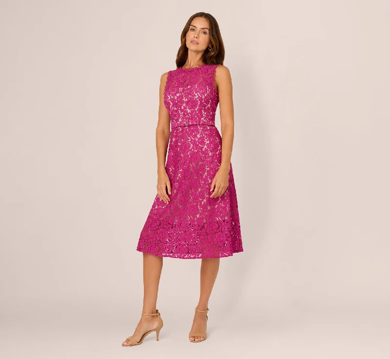 Spring dresses for travel with wrinkle-free fabrics -Sleeveless Lace Fit And Flare Dress With Sheer Details In Orchid Spring dresses for travel with wrinkle-free fabrics -Sleeveless Lace Fit And Flare Dress With Sheer Details In Orchid