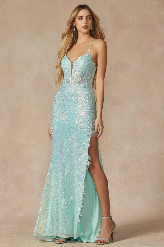 cocktail dresses with velvet fabric for winter elegance --Fitted Sequin Applique Lace-Up Gown by Juliet 2405