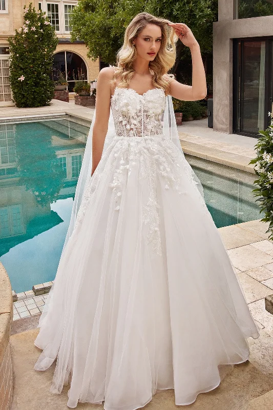Wedding guest dresses for semi-formal ceremonies with a relaxed vibe -3D Floral Cape Wedding Gown by Ladivine CDS437W Wedding guest dresses for semi-formal ceremonies with a relaxed vibe -3D Floral Cape Wedding Gown by Ladivine CDS437W