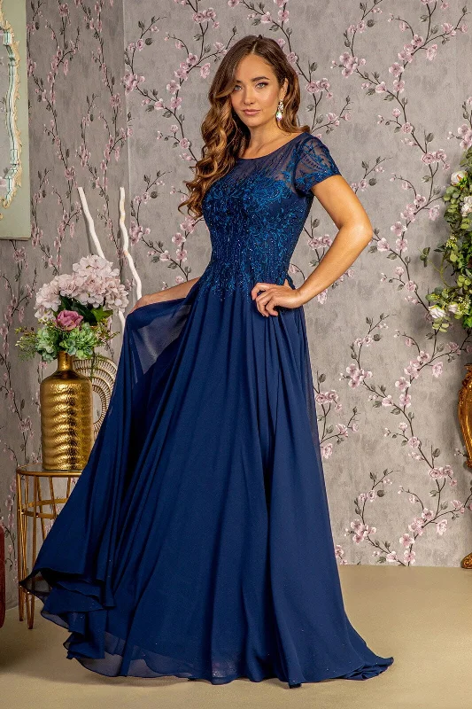 Wedding guest dresses for an upscale wedding with high fashion -Embroidered Short Sleeve A-line Gown by GLS Gloria GL3362