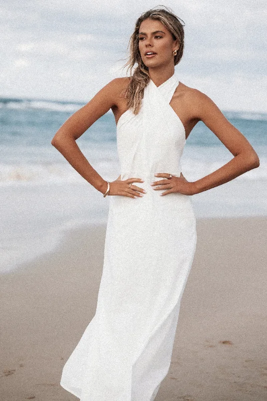 Graduation dresses with off-the-shoulder designs for a chic look -Betsy Halterneck Maxi Dress - White Graduation dresses with off-the-shoulder designs for a chic look -Betsy Halterneck Maxi Dress - White