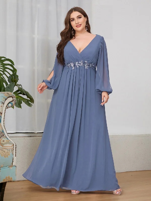 formal dresses for tall women with high slits --Wholesale Chiffon Plus Size Evening Dresses with Long Lantern Sleeves