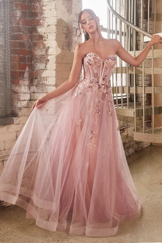 formal dresses with mesh sleeves for subtle coverage --Applique Strapless Corset Tulle Gown by Ladivine CB142 formal dresses with mesh sleeves for subtle coverage --Applique Strapless Corset Tulle Gown by Ladivine CB142