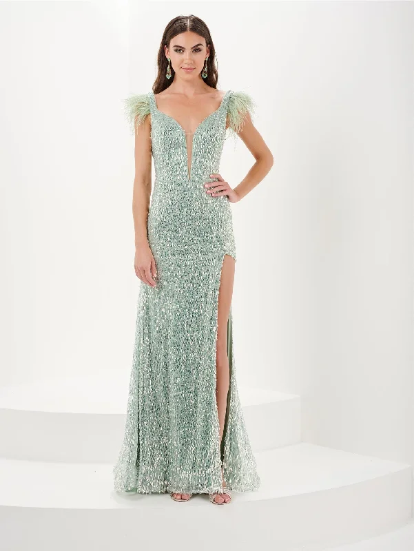 Wedding guest dresses in bright, festive colors -Fitted Sequin Feather Slit Gown by Tiffany Designs 16055 Wedding guest dresses in bright, festive colors -Fitted Sequin Feather Slit Gown by Tiffany Designs 16055