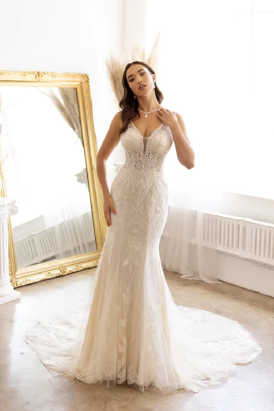 Modern wedding guest dresses with minimalist designs -Fitted Tulle Lace Bridal Gown by Abby Lane 97186 Modern wedding guest dresses with minimalist designs -Fitted Tulle Lace Bridal Gown by Abby Lane 97186