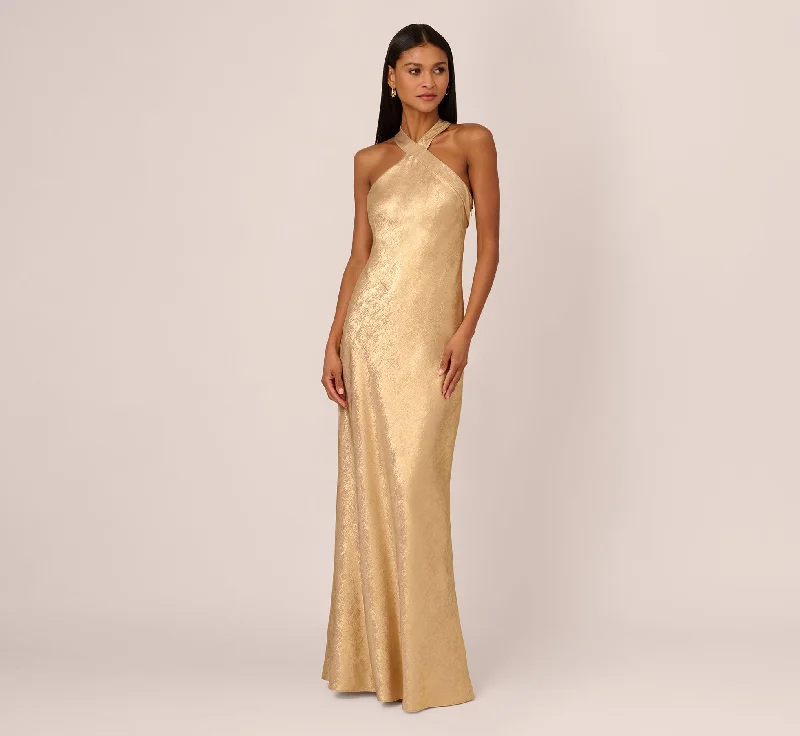 formal dresses for cocktail receptions with fitted bodices --Foiled Mermaid Gown With Halter Neckline In Light Gold formal dresses for cocktail receptions with fitted bodices --Foiled Mermaid Gown With Halter Neckline In Light Gold