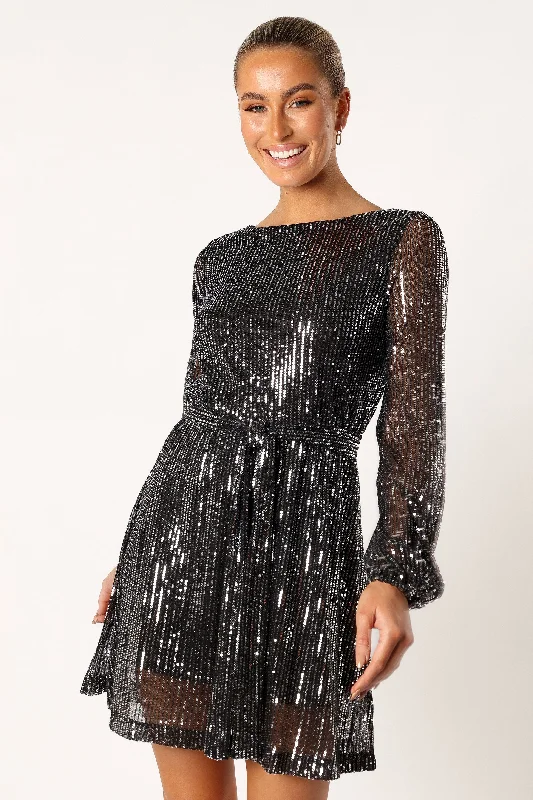 cocktail dresses with sweetheart necklines for romantic looks --Linnie Long Sleeve Mini Dress - Black Sequin cocktail dresses with sweetheart necklines for romantic looks --Linnie Long Sleeve Mini Dress - Black Sequin