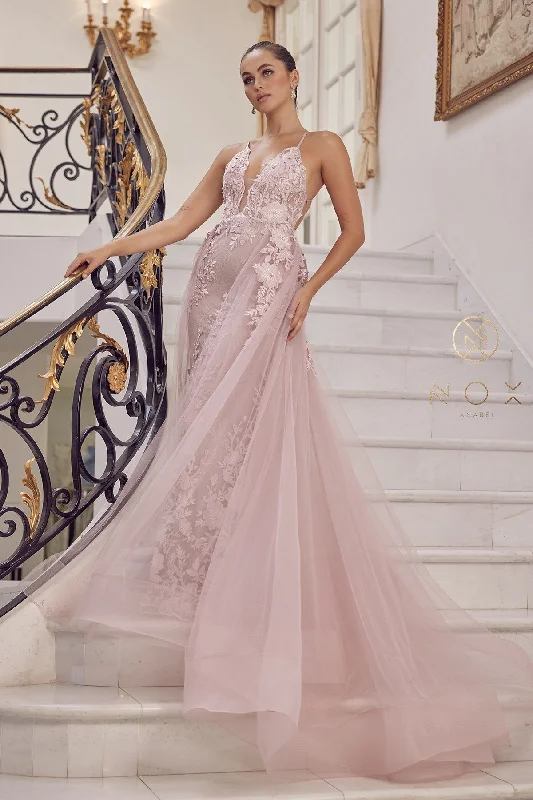 formal dresses for business galas with sleek designs --Lace Applique Fitted Overskirt Gown by Nox Anabel F485 formal dresses for business galas with sleek designs --Lace Applique Fitted Overskirt Gown by Nox Anabel F485