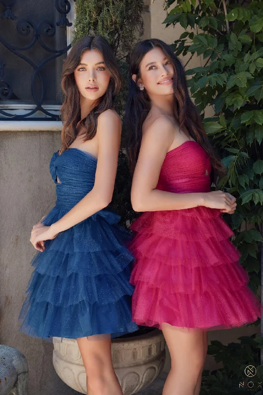 Affordable cocktail dresses for budget-conscious shoppers -Glitter Short Strapless Tiered Dress by Nox Anabel A827 Affordable cocktail dresses for budget-conscious shoppers -Glitter Short Strapless Tiered Dress by Nox Anabel A827