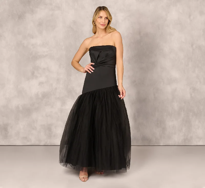 formal dresses with side slits for ease of movement --Strapless Mikado Ball Gown With Mesh Skirt In Black