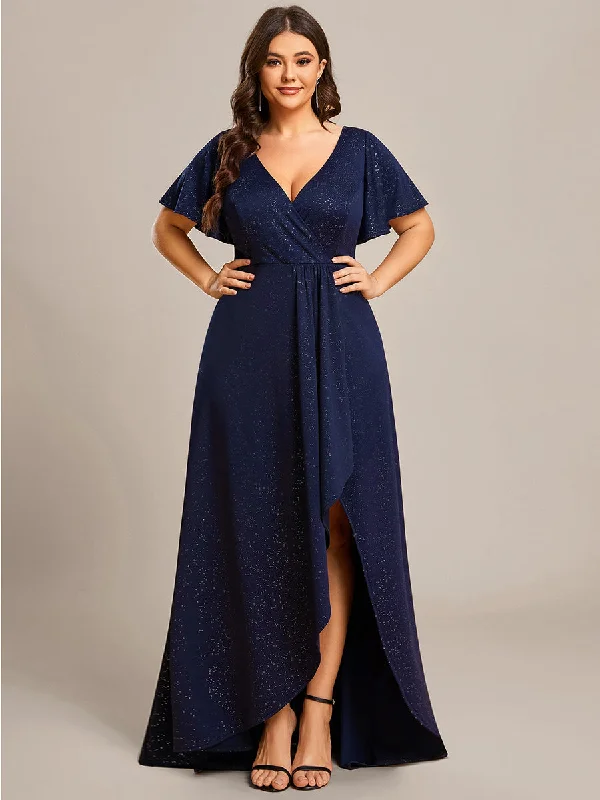 formal dresses for tall women with empire waistlines --Plus High Low Split Shiny Wholesale Evening Dresses With Ruffle Sleeves formal dresses for tall women with empire waistlines --Plus High Low Split Shiny Wholesale Evening Dresses With Ruffle Sleeves