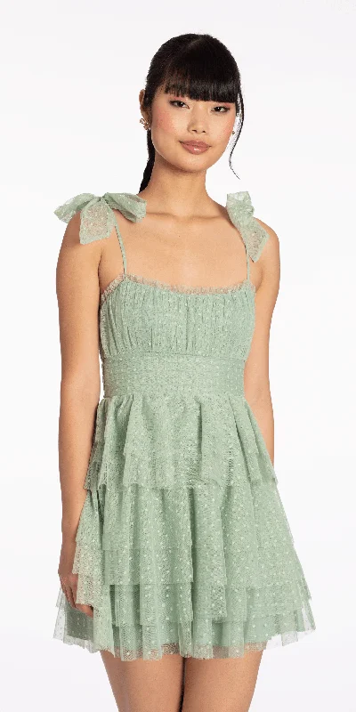 Graduation dresses with an elegant belt for added flair -Tiered Mesh Embossed Fit and Flare Dress with Tie Straps Graduation dresses with an elegant belt for added flair -Tiered Mesh Embossed Fit and Flare Dress with Tie Straps