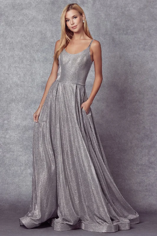 cocktail dresses with ruffles for spring garden parties --Metallic Glitter A-line Gown by Juliet 206