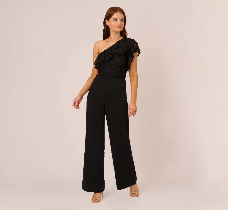 Spring dresses for all body shapes with inclusive sizing -One Shoulder Crepe Jumpsuit With Lace Ruffle Details In Black Spring dresses for all body shapes with inclusive sizing -One Shoulder Crepe Jumpsuit With Lace Ruffle Details In Black