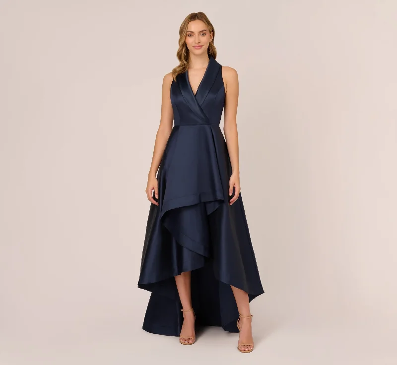 Trendy wedding guest dresses for casual weddings -Mikado High/Low Midi-Length Tuxedo Gown In Midnight Trendy wedding guest dresses for casual weddings -Mikado High/Low Midi-Length Tuxedo Gown In Midnight
