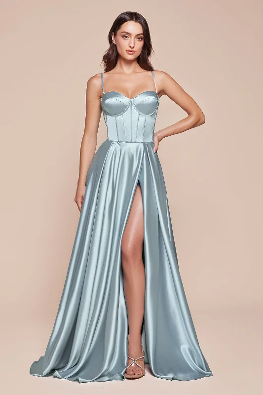 bridesmaid dresses with detachable sleeves for versatile looks --Satin Sleeveless Corset A-line Slit Gown by Ladivine CD337 bridesmaid dresses with detachable sleeves for versatile looks --Satin Sleeveless Corset A-line Slit Gown by Ladivine CD337