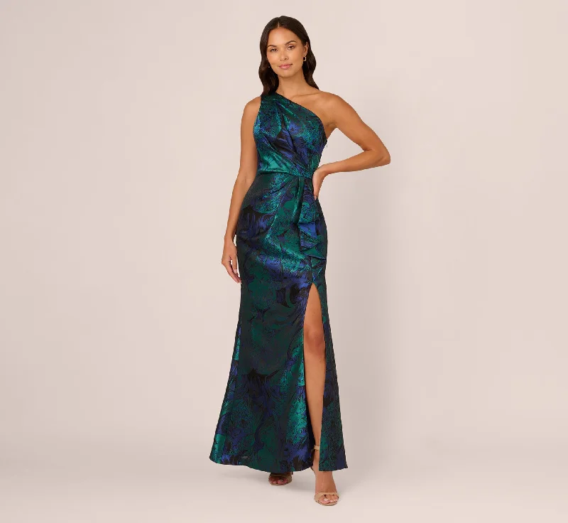 formal dresses with mesh panels for modern style --One Shoulder Jacquard Mermaid Gown With Drape Detail In Cobalt Teal formal dresses with mesh panels for modern style --One Shoulder Jacquard Mermaid Gown With Drape Detail In Cobalt Teal