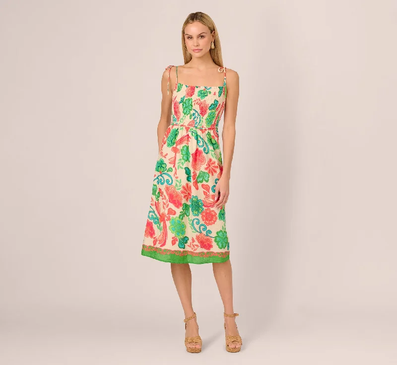 Spring dresses for a garden wedding with light fabrics -Floral Shirred Cotton Midi Sundress In Ivory Multi Spring dresses for a garden wedding with light fabrics -Floral Shirred Cotton Midi Sundress In Ivory Multi