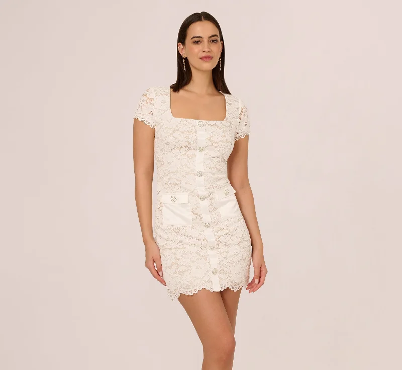 Long sleeve spring dresses for chilly mornings -Cap Sleeve Rhinestone Button Lace Short Dress In Ivory Long sleeve spring dresses for chilly mornings -Cap Sleeve Rhinestone Button Lace Short Dress In Ivory