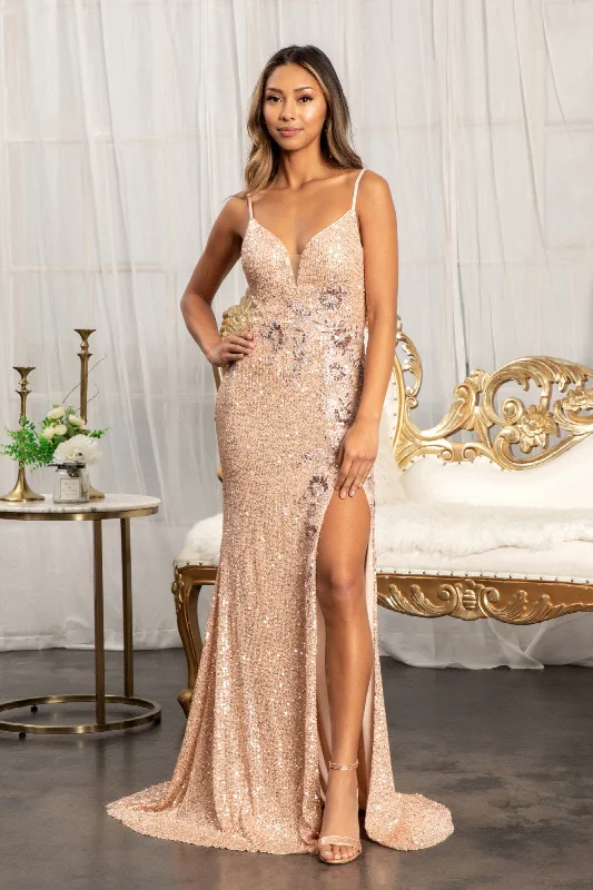 cocktail dresses with ruffles for spring garden parties --Fitted Sequin Slit Gown by Elizabeth K GL3023