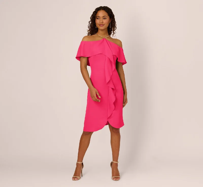 Spring dresses for bridesmaids with modern cuts -Ruffle Popover Midi Dress With Chain Halter Neckline In Electric Pink Spring dresses for bridesmaids with modern cuts -Ruffle Popover Midi Dress With Chain Halter Neckline In Electric Pink