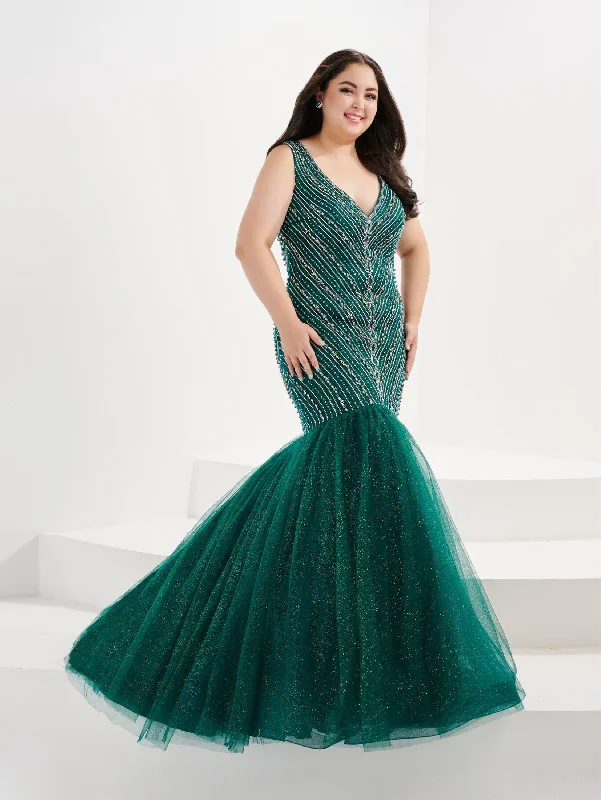 Wedding guest dresses with luxurious fabrics like satin and silk -Plus Size Beaded V-Neck Mermaid Gown by Tiffany Designs 16045 Wedding guest dresses with luxurious fabrics like satin and silk -Plus Size Beaded V-Neck Mermaid Gown by Tiffany Designs 16045