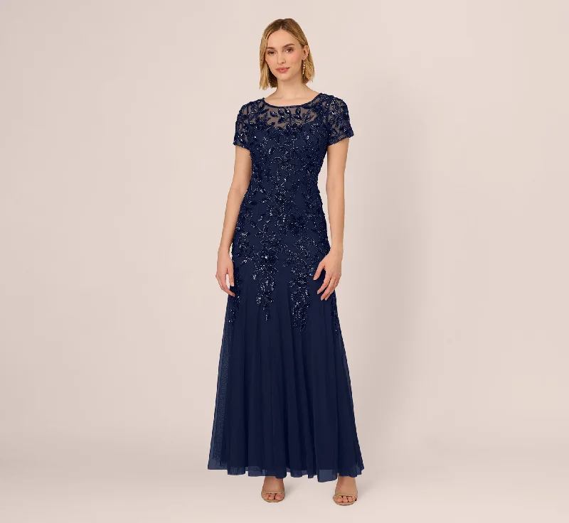 formal dresses for senior women with elegant silhouettes --Hand Beaded Short Sleeve Floral Godet Gown In Light Navy formal dresses for senior women with elegant silhouettes --Hand Beaded Short Sleeve Floral Godet Gown In Light Navy