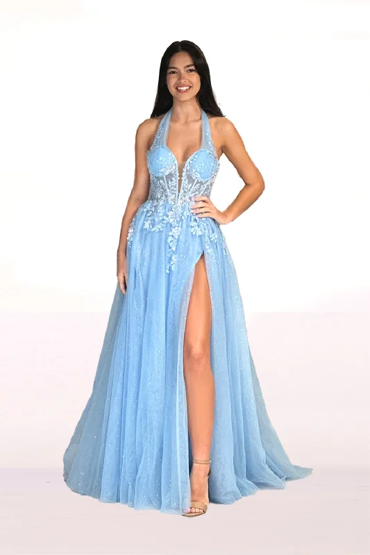 cocktail dresses with layered skirts for dramatic effect --Applique Halter A-line Slit Gown by Abby Paris 90265 cocktail dresses with layered skirts for dramatic effect --Applique Halter A-line Slit Gown by Abby Paris 90265
