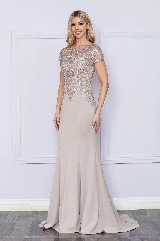 Wedding guest dresses for afternoon weddings with a sophisticated feel -Fitted Beaded Sheer Short Sleeve Gown by Poly USA 9320 Wedding guest dresses for afternoon weddings with a sophisticated feel -Fitted Beaded Sheer Short Sleeve Gown by Poly USA 9320