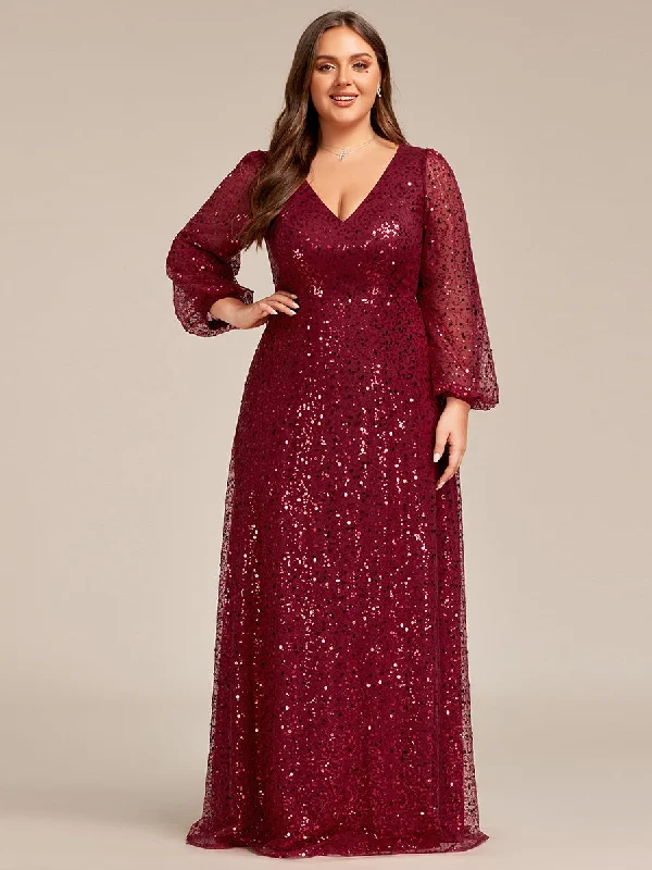 Sparkly dresses for night parties -Plus Elegant waisted chiffon V-neck long sleeve Wholesale guest dress Sparkly dresses for night parties -Plus Elegant waisted chiffon V-neck long sleeve Wholesale guest dress