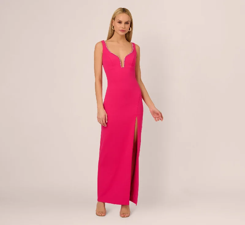 formal dresses with lace sleeves for classic elegance --Sleeveless Beaded Plunge Neck Gown In Geranium formal dresses with lace sleeves for classic elegance --Sleeveless Beaded Plunge Neck Gown In Geranium