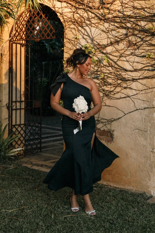 formal dresses with floral prints for garden weddings --Charmed One Shoulder Midi Dress - Black formal dresses with floral prints for garden weddings --Charmed One Shoulder Midi Dress - Black