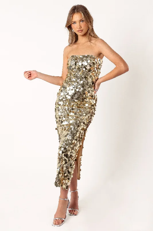 Embellished cocktail dresses for extra style -Gabourne Strapless Midi Dress - Gold Sequin Embellished cocktail dresses for extra style -Gabourne Strapless Midi Dress - Gold Sequin