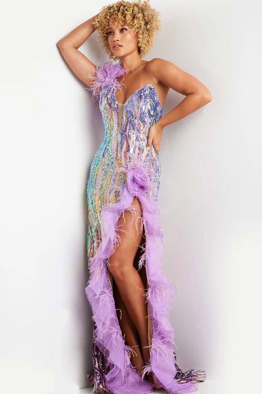 formal dresses with side slits for ease of movement --Sequin Feather One Shoulder Slit Gown by Jovani 38678 formal dresses with side slits for ease of movement --Sequin Feather One Shoulder Slit Gown by Jovani 38678