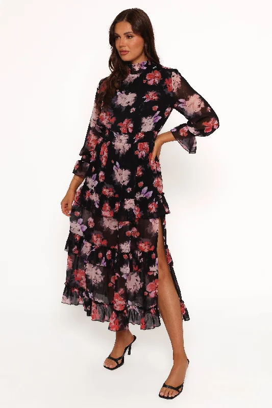 Wedding guest dresses for the stylish and trendy guest -Isadora Long Sleeve Maxi Dress - Black Blurred Floral Wedding guest dresses for the stylish and trendy guest -Isadora Long Sleeve Maxi Dress - Black Blurred Floral