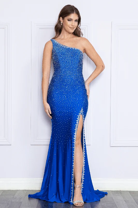 Wedding guest dresses with intricate beading for extra glamour -Fitted One Shoulder Rhinestone Slit Gown by Poly USA 9146 Wedding guest dresses with intricate beading for extra glamour -Fitted One Shoulder Rhinestone Slit Gown by Poly USA 9146