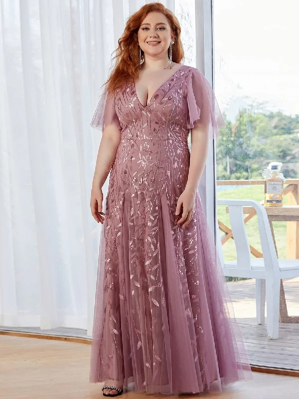 formal dresses with sequined bodices for sparkle --Plus Size Deep V Neck Wholesale Sequin Evening Gown With Short Sleeves formal dresses with sequined bodices for sparkle --Plus Size Deep V Neck Wholesale Sequin Evening Gown With Short Sleeves