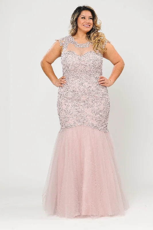 Short dresses for wedding guests who want to show off their legs -Plus Size Embroidered Mermaid Dress by Poly USA W1084 Short dresses for wedding guests who want to show off their legs -Plus Size Embroidered Mermaid Dress by Poly USA W1084