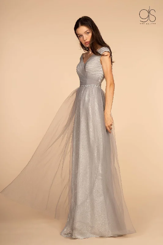 Minimalist wedding guest dresses for modern elegance -Long Ruched V-Neck Dress with Jeweled Waistband by Elizabeth K GL2560 Minimalist wedding guest dresses for modern elegance -Long Ruched V-Neck Dress with Jeweled Waistband by Elizabeth K GL2560