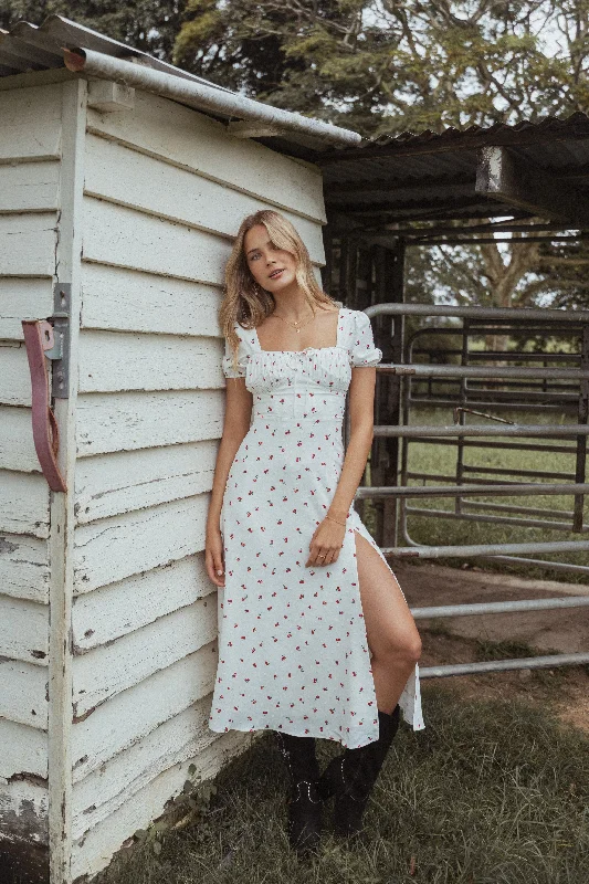 Black velvet party dresses for winter events -Jill Midi Dress - Cherry Print