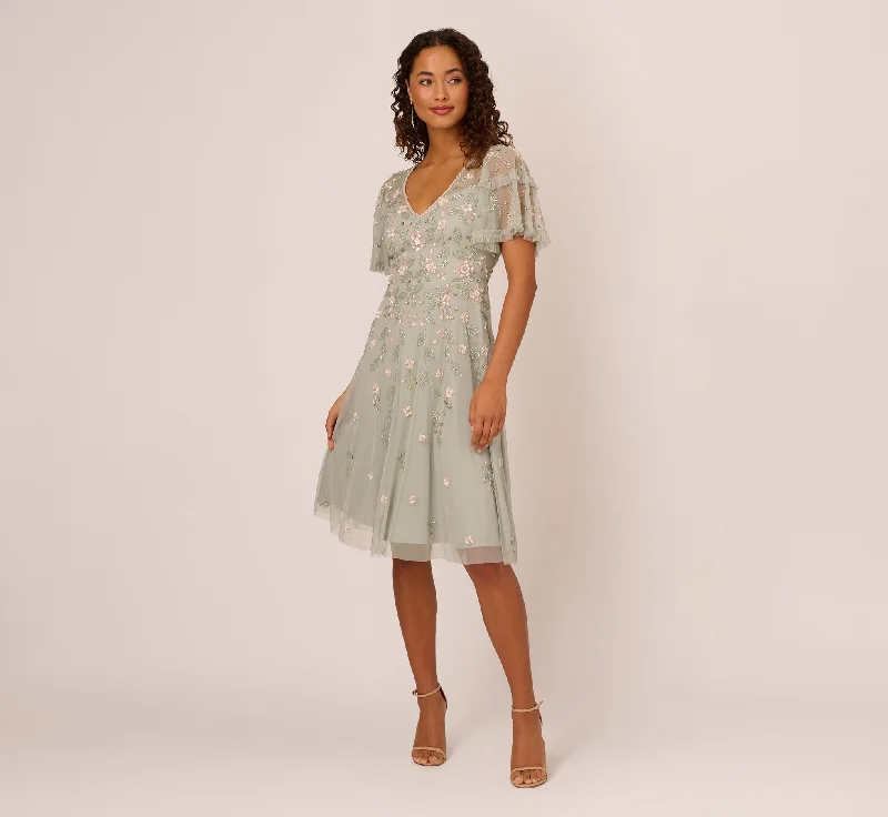 Classy dresses for wedding guests at formal events -Beaded Midi Dress With Sheer Ruffled Sleeves In Frosted Sage Classy dresses for wedding guests at formal events -Beaded Midi Dress With Sheer Ruffled Sleeves In Frosted Sage