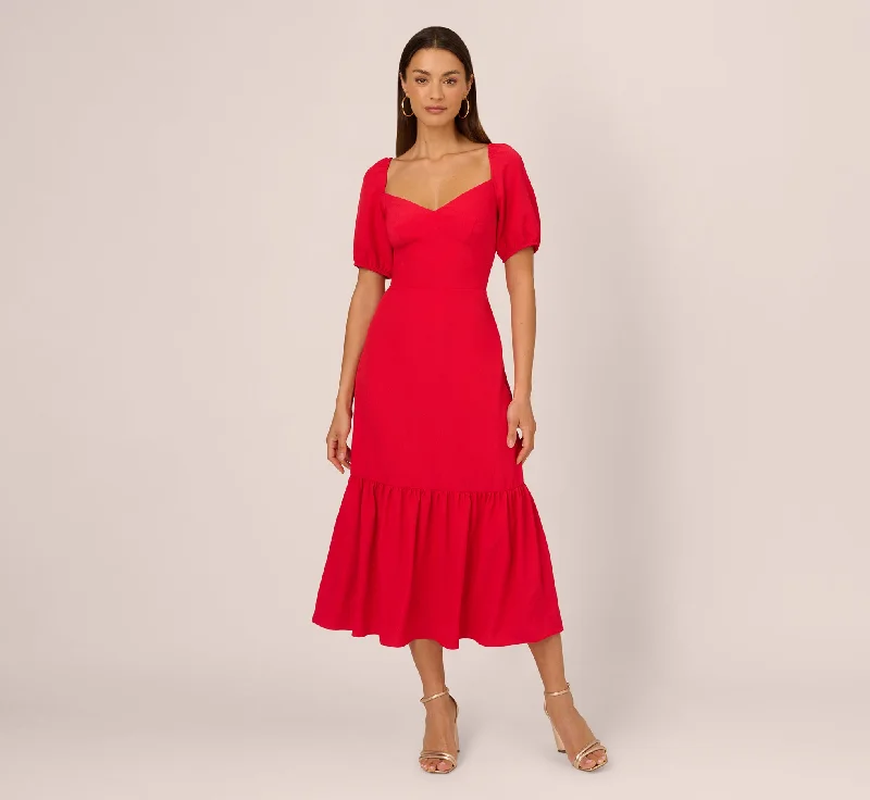 High-waisted spring dresses for a flattering fit -Puff Sleeve Midi Dress With Flounce Hem In Scarlet High-waisted spring dresses for a flattering fit -Puff Sleeve Midi Dress With Flounce Hem In Scarlet