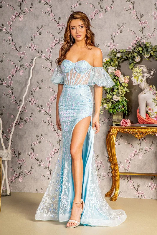 cocktail dresses with pleated skirts for elegant flow --Fitted Strapless Puff Sleeve Slit Gown by GLS Gloria GL3247 cocktail dresses with pleated skirts for elegant flow --Fitted Strapless Puff Sleeve Slit Gown by GLS Gloria GL3247