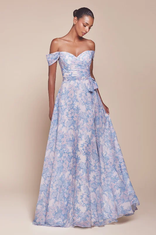 bridesmaid dresses with chiffon pleats for elegant flow --Floral Print Off Shoulder A-line Gown by Ladivine 7441 bridesmaid dresses with chiffon pleats for elegant flow --Floral Print Off Shoulder A-line Gown by Ladivine 7441